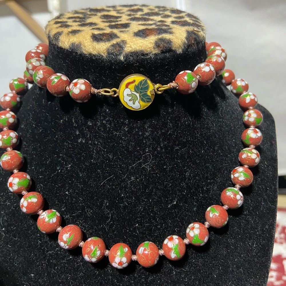 Vintage Chinese Cloisonné Enamel Floral Bead Knotted Single Strand Necklace
